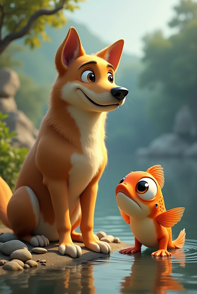 adult Dog on land and catfish with cartoon eye