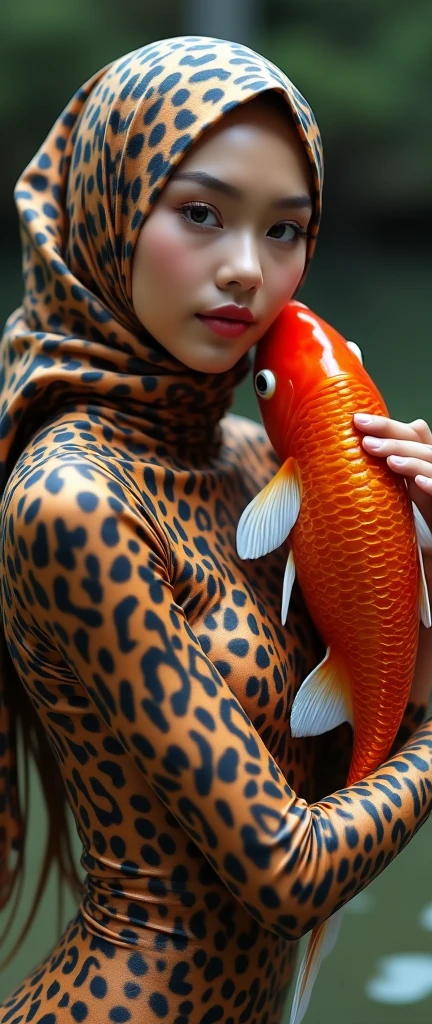 The most beautiful,most slender thin and most clever malaysian muslimah adult feamle person with beautiful cheeks wears giraffe print lycra turtleneck unitard catsuit covered with spots and always wearing giraffe print lycra elastane stretchy dancewear hijab covered with spots.She is hugging an arowana from aquarium at home.