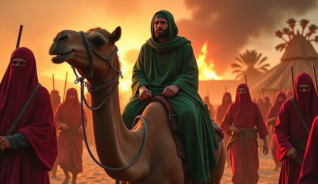 A men wear green hijab sitting camel,
both hand are tied by iron rope in back side,
Neck are tied by iron rope,
Burning tents,
Burning date tress,
8 men wear red battle suit with sword,
No modern weopan,weaopan around bc,
Bloody sky