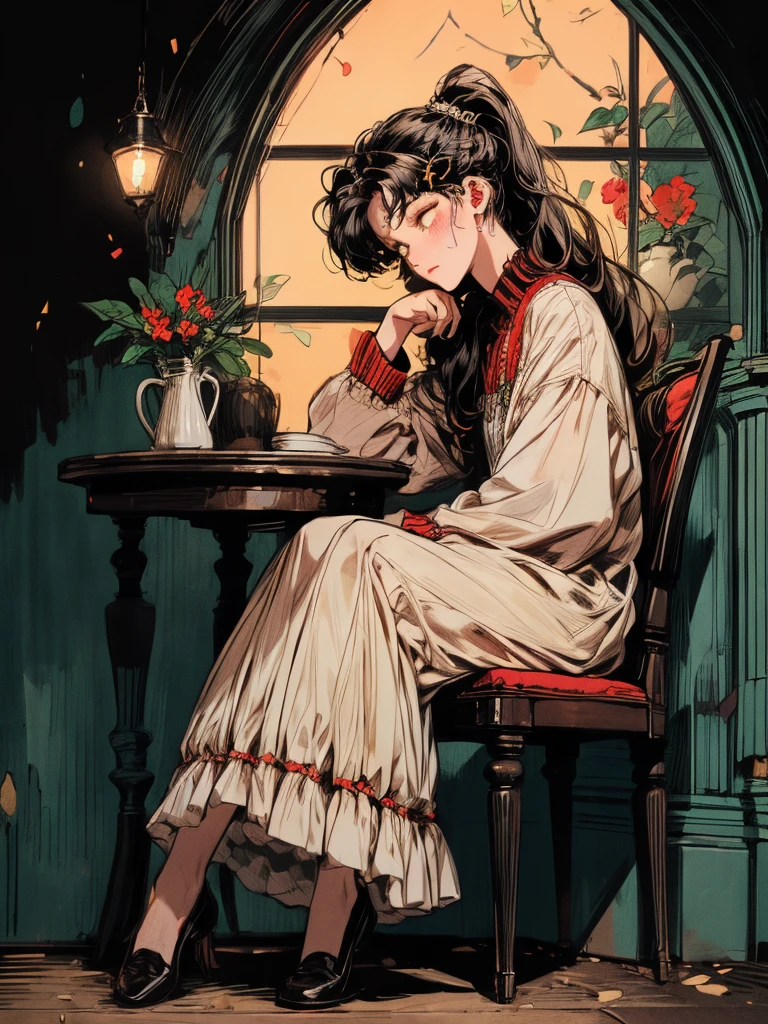 beni, solo, 1girl, yellow_pupils, black_hair, high_ponytail, red_flower_hair_ornament, Contemplating, (((background home))), window, sleeping, table, large home side, small character, (((full body))), coffee, long hair, cozy house, cat