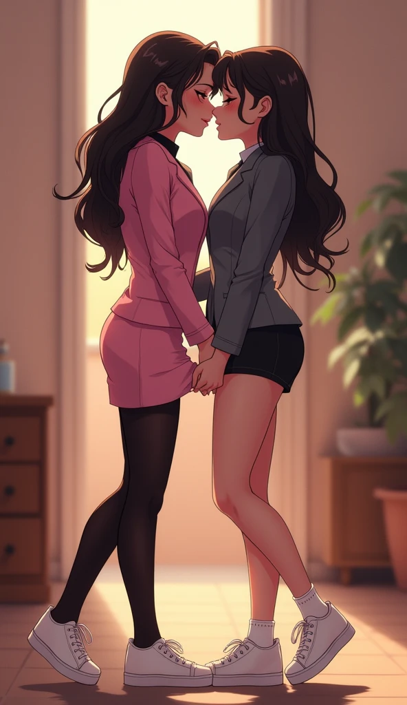 Two young women., Yuri, the first girl, will wear a pink suit., white shirt,  Pink pencil skirt, Black underwear, black stockings, Plain white socks, White sneakers, the second girl will wear a gray suit., black shirt, Gray pencil skirt, Black underwear, black stockings, Plain white socks, White sneakers, hot love scene, They're kissing., Close both eyes, หญิงสาวคนที่สองใช้มือหนึ่งข้างดึงขอบกระโปรงสีชมพูของหญิงสาวคนที่หนึ่งขึ้นจนเห็นBlack underwear, Fictional cartoons, 4K, HD