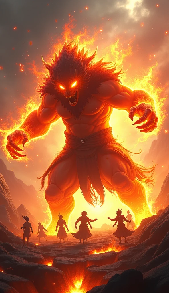 A cinematic action shot from "Black Myth: Wukong," capturing Sun Wukong in the midst of using his shape-shifting abilities. He is partially transformed into a giant, fiery beast, with flames emanating from his body and his eyes glowing with supernatural energy. Surrounding him are enemies, frozen in shock and fear, as the ground beneath them cracks and erupts with molten lava. The scene is filled with motion and chaos, highlighting the power and unpredictability of Sun Wukong's abilities.
