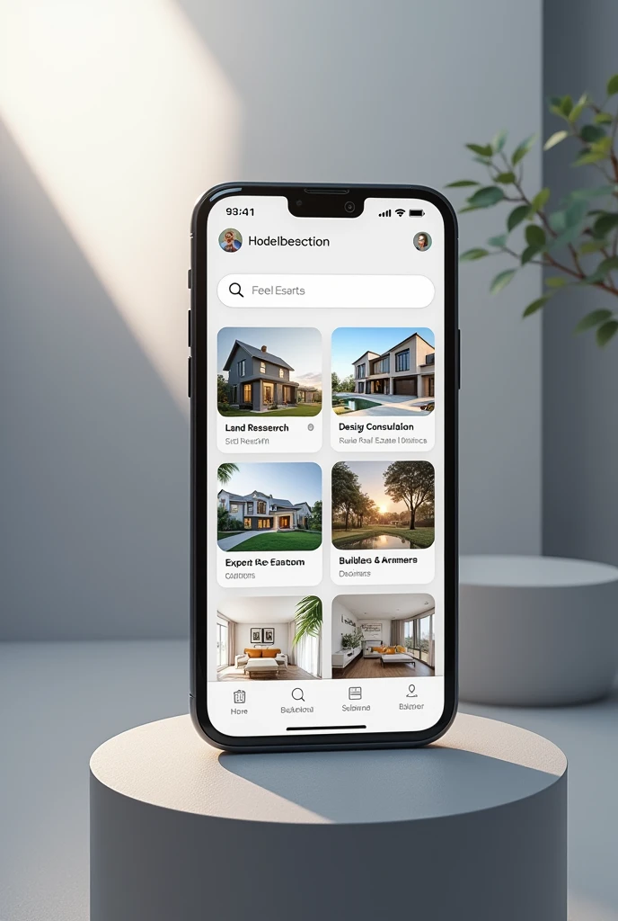 Make an iPhone which show our apps home screen showing search bar , below it showing features like land research, design consultation,3D modeling, expert real estate broker, architect, builder interior designer . Make it aesthetic in white , grey and Balck color theme . Fill it with some pictures and ARES is the app name