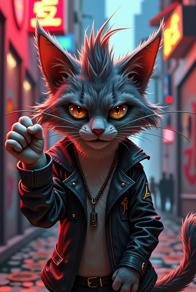 Create a cat with an aggressive attitude, rock n roll and showing the middle finger