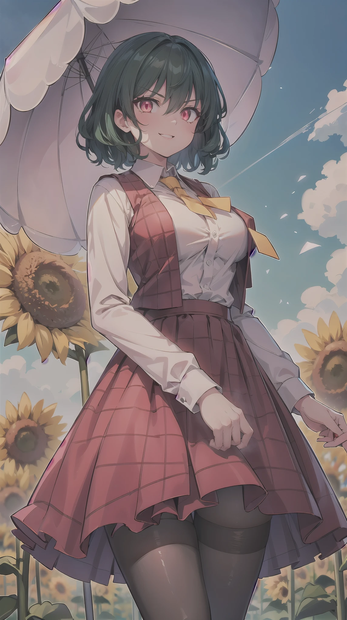 ((super high quality,Ultra-high resolution,16K,super masterpiece,Ultra HD ,Detailed shading,))One Woman,Wavy emerald short hair,White dress shirt,Long sleeve,Yellow tie,Checkered red vest,Checkered red very long skirt,Black tights,Ruby glowing eyes,Very aggressive look,Sharp Eyes,Smiling lips,Holding a frilly pink parasol,a blue sky with clouds and sun,Sunflower field,