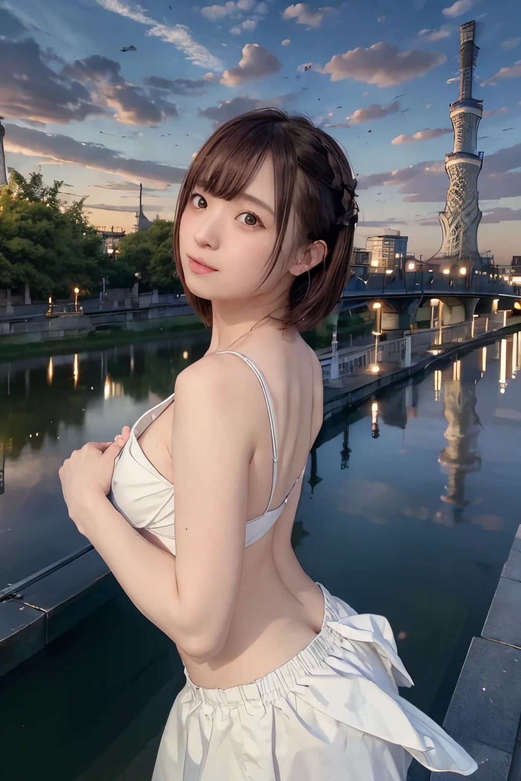 8K, RAW Photo, Best Quality, Masterpiece, Realistic, PhotoRealistic, Extremely Detailed 8k Wallpaper, Beautifully Detailed Eyes, Finely Detailed Face, 
 BREAK 
Professional Lighting, Rim Lighting, 
 BREAK 
(((s-bridge + illumination + s-river + reflection + t-skytree + twilight + cloud:1.7))), 
 BREAK 
Perfectly Anatomically Correct:1.4, 5 Beautiful Thin Finger:1.4, 
 BREAK 
1 Girl, 
Very Short Hair Bun:1.2, Symmetrical Clear Eyes:1.1, Captivating Eye Reflections:1.1, 
[[(Kawaii), [Japanese], Wide-Set Eyes, Big Eyes, Tareme, (White Skinned), Embarrassed, Blush, Very White Skinned, 1, 
(Round Face, Round Chin), Wet Hair, Messy Hair, Open Mouse Slightly, [Pouted Cheek], 
Enjoying, Happy Smiling, Cheerful, 
Wearing Random SHIMAMURA Summer Clothes, 
Looking Back Viewer, [Cleavage], Legs Open]], 
 BREAK 
SFW:1.0, 
 BREAK 
Distant View:1.7, Wide Shot:1.2, Bokeh:1.2