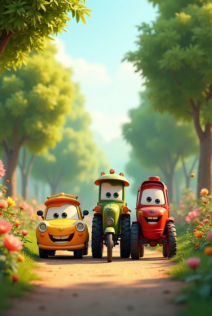 a smiling car, a smiling tractor and a bicycle, walking side by side, with a park full of trees and flowers in front.