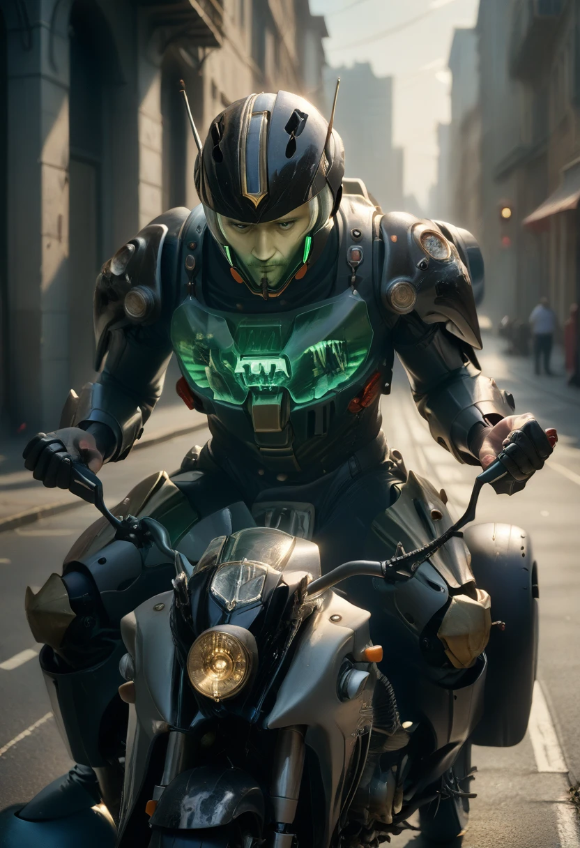 Highest image quality, outstanding details, ultra-high resolution, (realism: 1.4), the best illustration, favor details, highly condensed 1girl, with a delicate and beautiful face, dressed in a black and green mecha, wearing a mecha helmet, holding a directional controller, riding on a motorcycle, the background is a high-tech lighting scene of the future city.