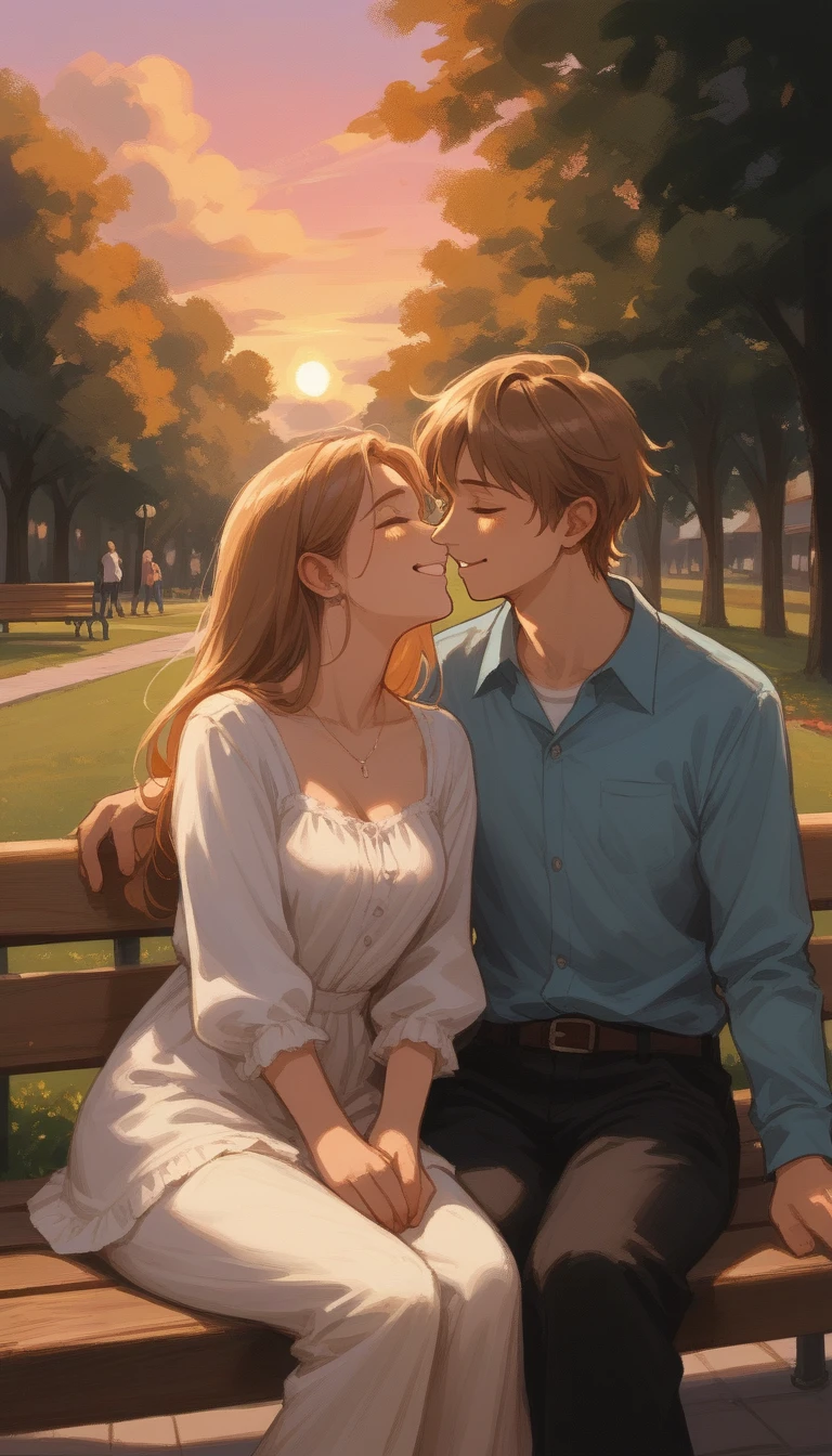 An illustration of a couple sitting close together, smiling and talking with each other. The couple looks happy and engaged in their conversation. The background is a cozy, romantic setting, such as a park bench at sunset or a quiet café. Soft, warm tones dominate the image.