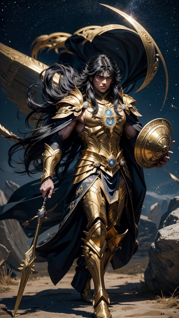 portret 4D anime saint seiya full body: about a young man with long black hair flowing in the wind, his body is muscular, wearing shining gold armor with very intricate armor details, full set armor decorated with libra zodiac ornaments, pose walking elegantly in the galaxy while lifting the scales with one hand, there must be a radiance of power from his body. The resulting image should be dynamic in dramatic lighting..