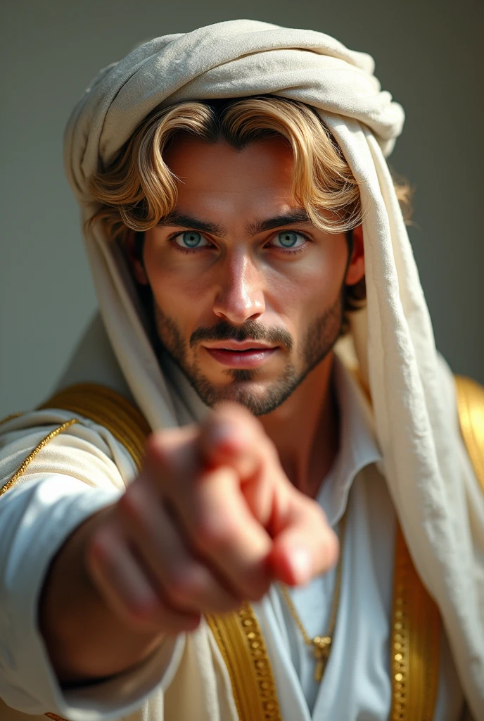 (best quality, 4k, 8k, highres, masterpiece:1.2), ultra-detailed, (realistic, photorealistic, photo-realistic:1.37), A handsome man with blue eyes and golden hair, dressed in traditional Arabian attire, including a headscarf or turban, looking directly at the camera. His expression is engaging, with one finger pointed towards the camera as if directing attention to the viewer, the background is a soft, neutral tone to highlight the subject.