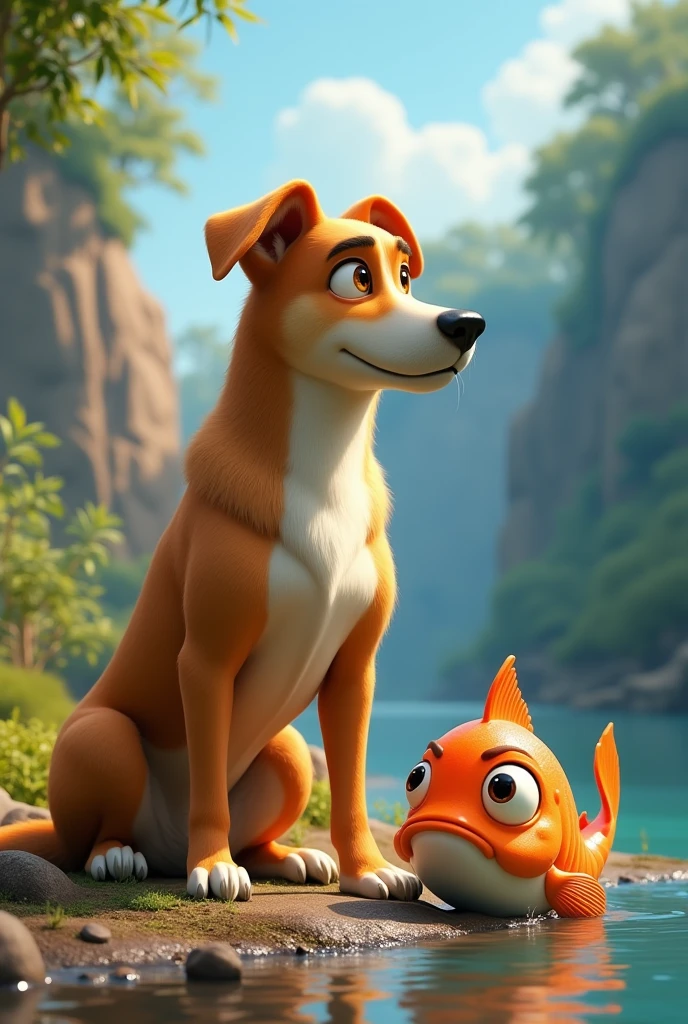adult Dog on land and catfish with cartoon eye