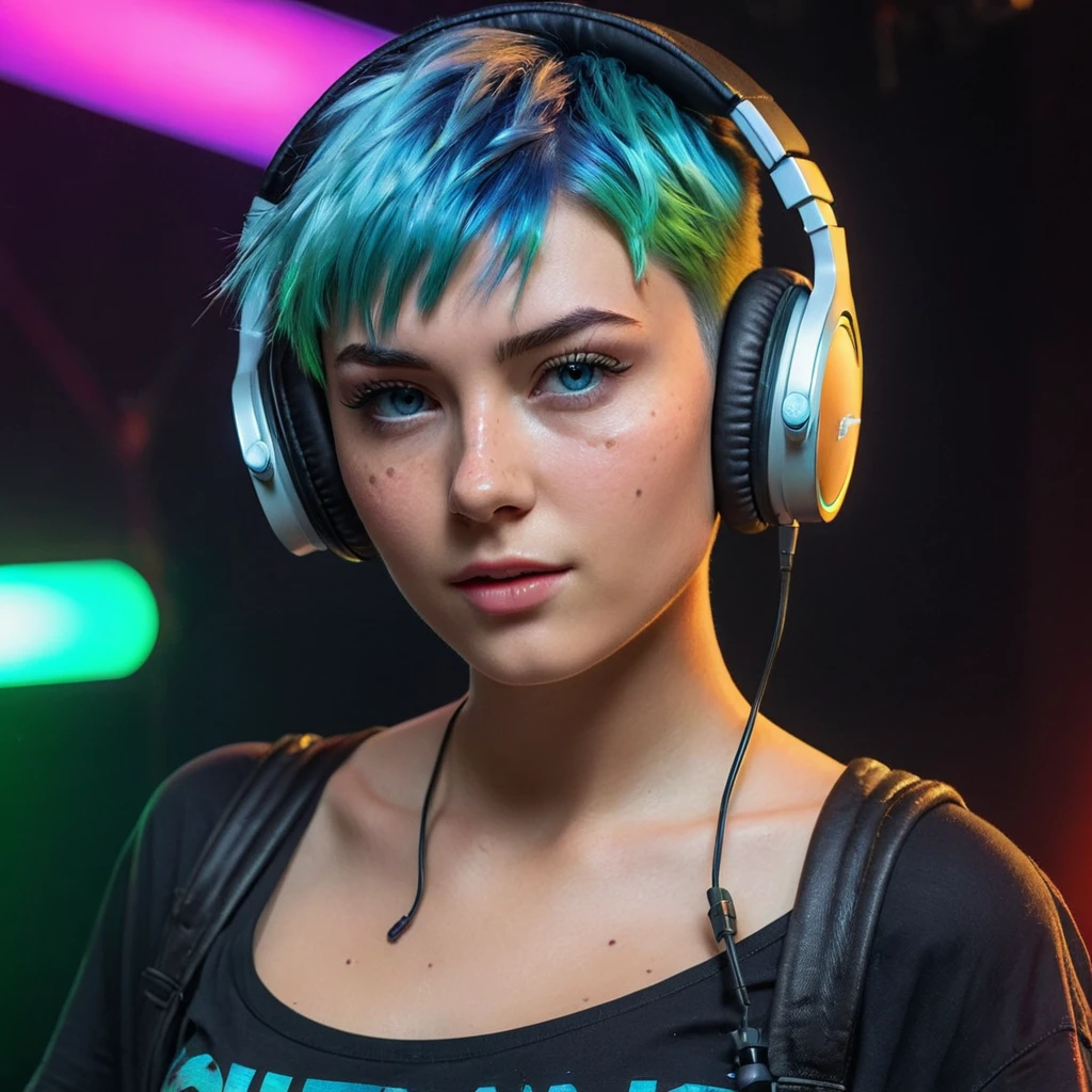 Woman 20 Years Old Nordic Ethnicity, short blue hair with a perfect face and light freckles, Blue-Green Eyes, (((on stage))), (((DJane))), headphones, cyberpunk, stage light, neon light, party light, rave, high quality, realistic, photorealistic, 8k, ultra-detailed, masterpiece, cinematic lighting, action, (((very dynamic pose))), full body, ((wearing a funky black T-Shirt with Punk Print and jeans pants)), (((mixing desk))), (((DJing))), (((dancing))), concert, (((singing)))