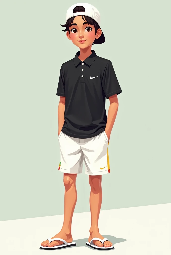 young 2d character, with white Nike shorts that go just past the knee, a simple black polo shirt, a white cap backwards and white flip-flops with the Brazilian flag, well laid out