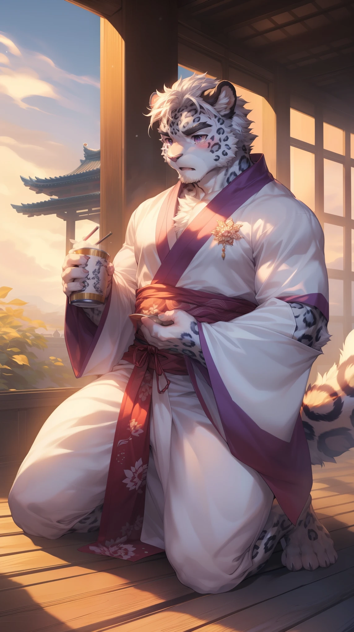(By Empty Ghost, From thebigslick, By Dark Gem, Will chase), Keyuan Building (Onmyoji Daisenji Temple), High quality photos, Perfect anatomical structure, Anthropomorphic snow leopard, male, 20 years old, (snow leopard print), Thick eyebrows, short hair, Strong body, Pectoralis major, grayish purple spots, Gray purple kimono, Lotus pattern embellishment, Small bump, Pink milk clusters, Kneeling on the wooden floor of the courtyard, Drink tea, Sad expression, Tears, blush, Purple pupils, Look up at the audience, Clear facial features, Strong, solitary, Bottom view, Full body portrait, Sunset, Foggy atmosphere, In the classical garden, refreshment, White pebbles can be seen everywhere, wild plants, (By Empty Ghost, From snow leopard20, masterpiece, high quality, high resolution, 8k)