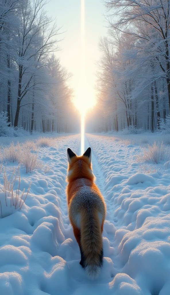 Ultra-realism、masterpiece、Highest quality、Film Grain、RAW Photos、Spectacular views、wallpaper、Frozen morning landscape、Fresh Snow、Fox's back view、Sun Pillar、Rime on deciduous trees:1.5、