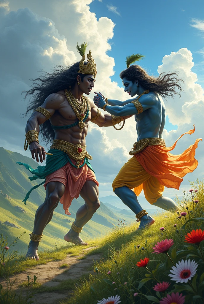 Handsome lord krishna fighting with devil kans in a field