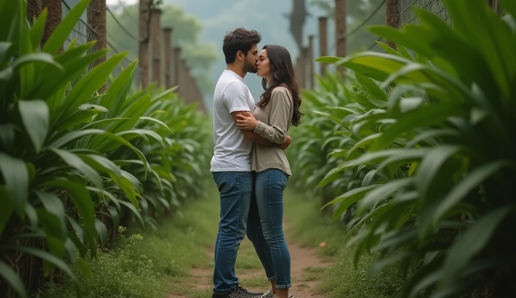 A cinematic medium shot of a man wearing a white t-shirt, jeans, and sneakers and a beautiful woman wearing jeans and a shirt both crying and hugging in the middle of the way. The background is lush with greenery.