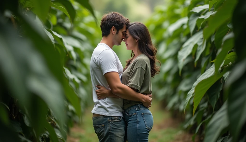 A cinematic medium shot of a man wearing a white t-shirt, jeans, and sneakers and a beautiful woman wearing jeans and a shirt both crying and hugging in the middle of the way. The background is lush with greenery.