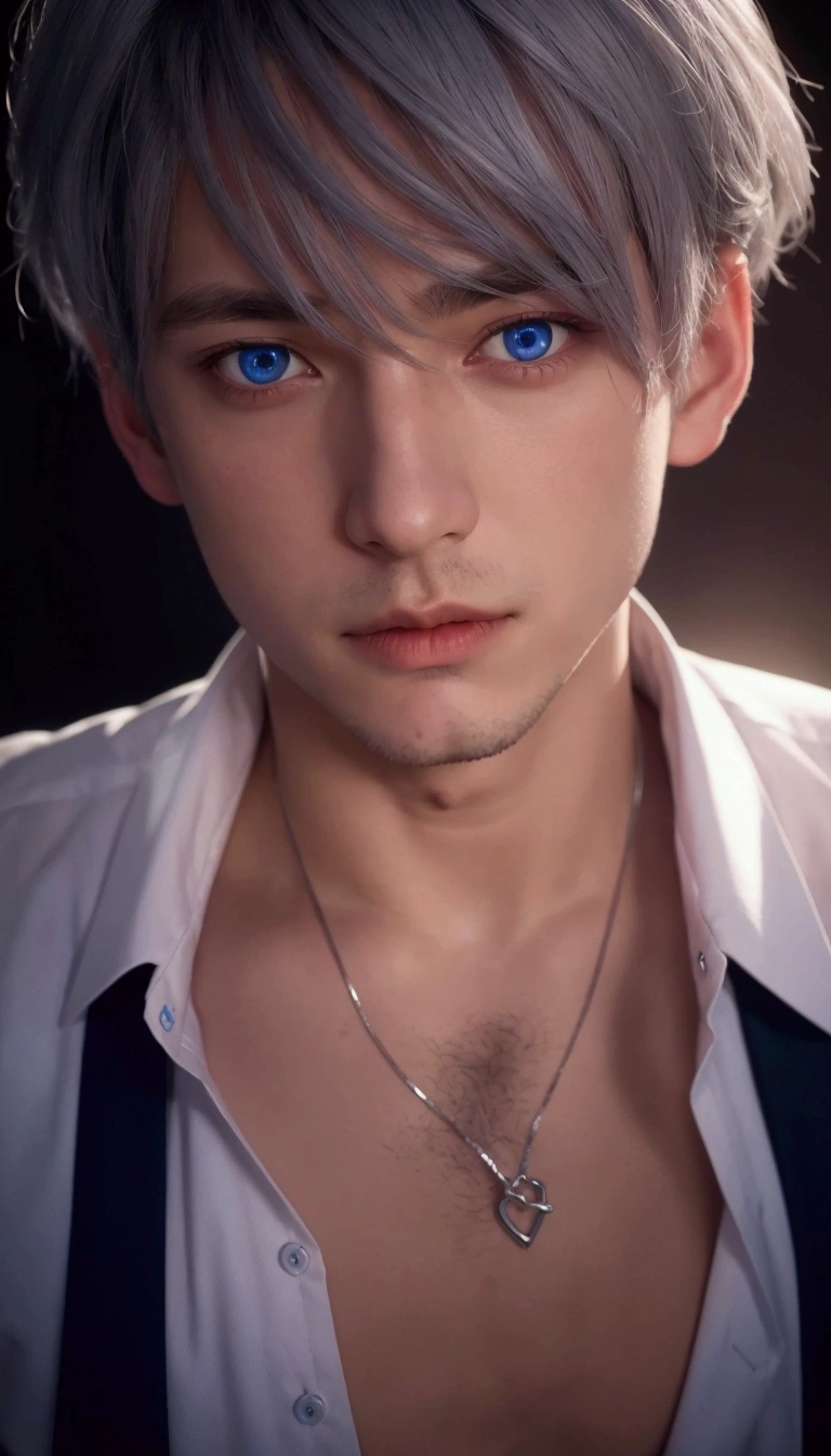  man wearing necktie and shirt, blue eyes,silver hair,chest exposed,realistic