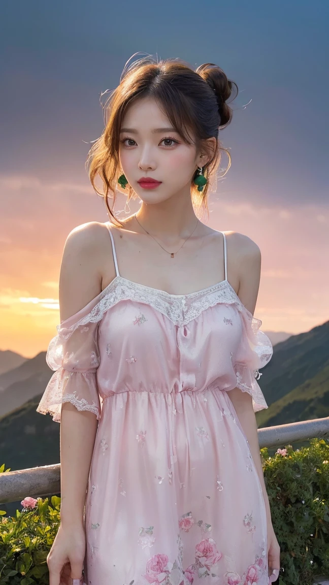 (Canon RF85mm f/1.2,best quality,HDR,Realisticity:1.4,(realistic light and shadow):1.5,Cinematic Lighting),1 girl/((korean mixed,kpop idol,beautiful long_Slender_Legs),(hair bun),(lipstick,pink lips,pink_shiny_lips,pink_eyeshadow,eyelashes,powder_blusher,make-up),(white_shiny_skin,black eyes,Pore,skin texture,shiny),(necklace,earrings,bracelet,florals_tattoo on arm),big breasts),smile,dynamic angle,Dynamic pose,((A dramatic sunset over a mountain range, Vector Illustration, peony, profound, GOYA, A tornado warning with the sky turning green and the winds picking up)),((see-through Nightgown)),bend over，Lean Forward，Big ，