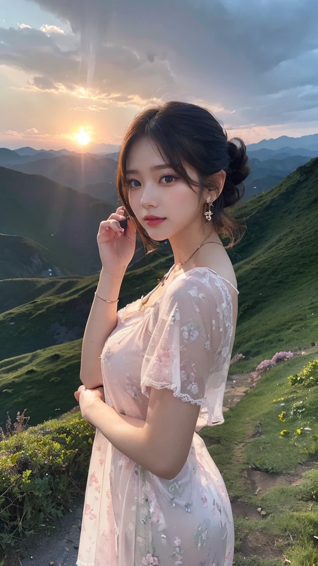 (Canon RF85mm f/1.2,best quality,HDR,Realisticity:1.4,(realistic light and shadow):1.5,Cinematic Lighting),1 girl/((korean mixed,kpop idol,beautiful long_Slender_Legs),(hair bun),(lipstick,pink lips,pink_shiny_lips,pink_eyeshadow,eyelashes,powder_blusher,make-up),(white_shiny_skin,black eyes,Pore,skin texture,shiny),(necklace,earrings,bracelet,florals_tattoo on arm),big breasts),smile,dynamic angle,Dynamic pose,((A dramatic sunset over a mountain range, Vector Illustration, peony, profound, GOYA, A tornado warning with the sky turning green and the winds picking up)),((see-through Nightgown)),bend over,Lean Forward,Big ,