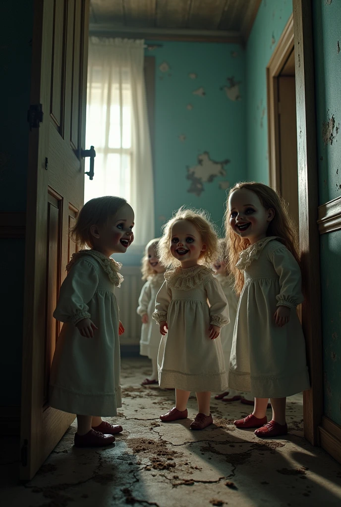 Abandoned village, room with killer dolls smiling at you maniacally, going towards you
