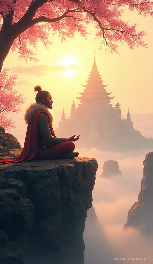 A serene moment from "Black Myth: Wukong," featuring Sun Wukong meditating on a cliff overlooking a tranquil, ancient landscape. The area is bathed in soft, golden light from the setting sun, with cherry blossom trees gently swaying in the breeze. In the background, a massive, mystical temple is partially obscured by mist. The image conveys a sense of peace and reflection, contrasting with the often chaotic and intense nature of the game's world.