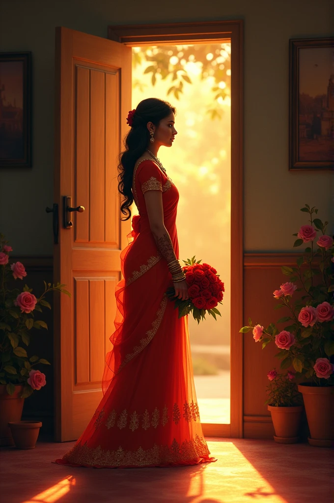 Bengali bride wait for her husband in the home door. And the husband coming with roses.
