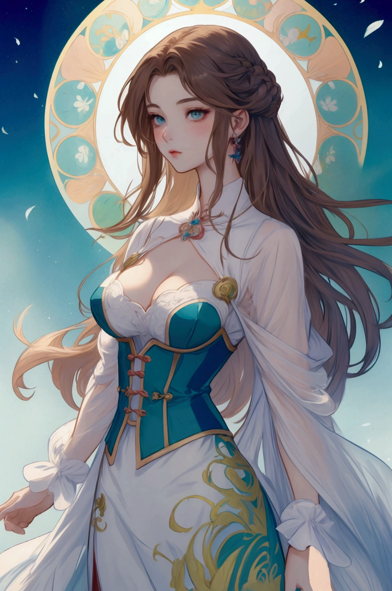 Fait une illustration style anime d'une femme brune au cheveux longs et épais volant au vent aux yeux verts émeraude portant un corset rouge et un soutien-gorge bleu, tenant un katana regardant le spectateur avec une expression sérieuse. Style Art Nouveau, style Alphonse Mucha, style studio Ghibli. Eclairage doux, chaud. Couleurs pastels.