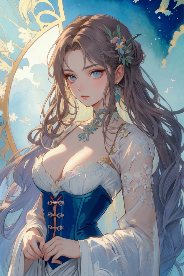 Fait une illustration style anime d'une femme brune au cheveux longs et épais volant au vent aux yeux verts émeraude portant un corset rouge et un soutien-gorge bleu, tenant un katana regardant le spectateur avec une expression sérieuse. Style Art Nouveau, style Alphonse Mucha, style studio Ghibli. Eclairage doux, chaud. Couleurs pastels.