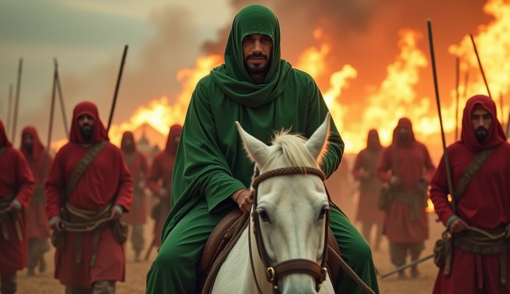 A men wear green hijab sitting  white horse,
both hand are tied by iron rope in back side,
Neck are tied by iron rope,
Burning tents,
Burning date tress,
8 men wear red battle suit with sword,
No modern weopan,weaopan around bc,
Bloody sky
