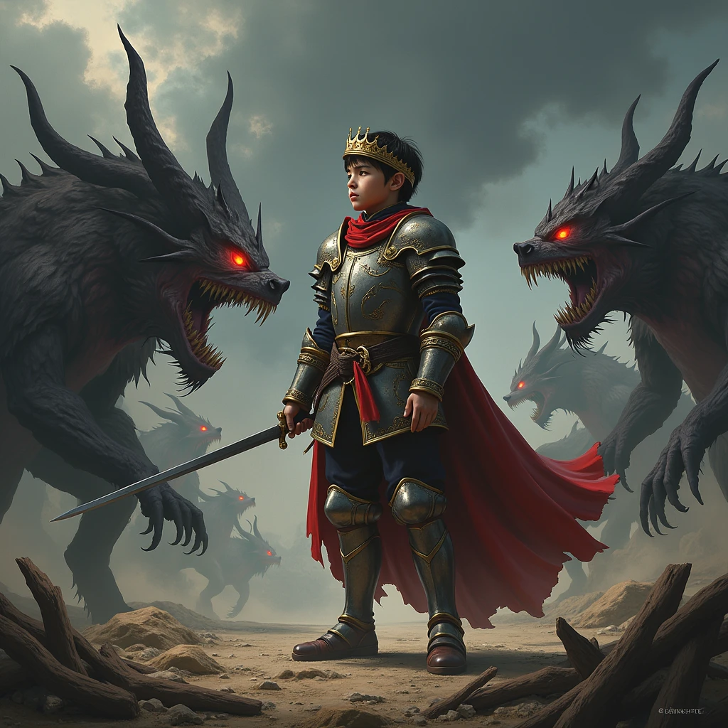 a boy with a crown on a battlefield facing monsters