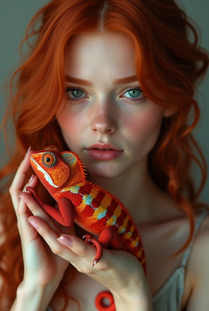 redhead woman holding a red chameleon,Actual image 