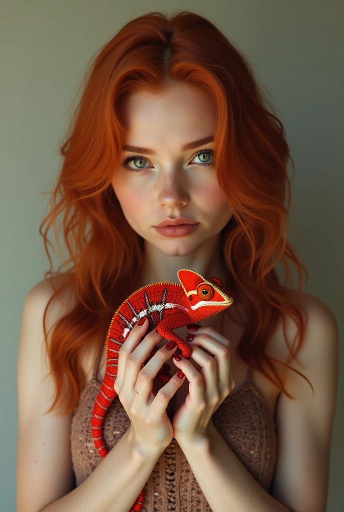redhead woman holding a red chameleon,Actual image