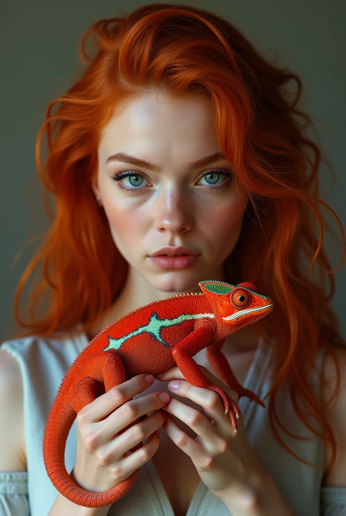 redhead woman holding a red chameleon,Actual image 