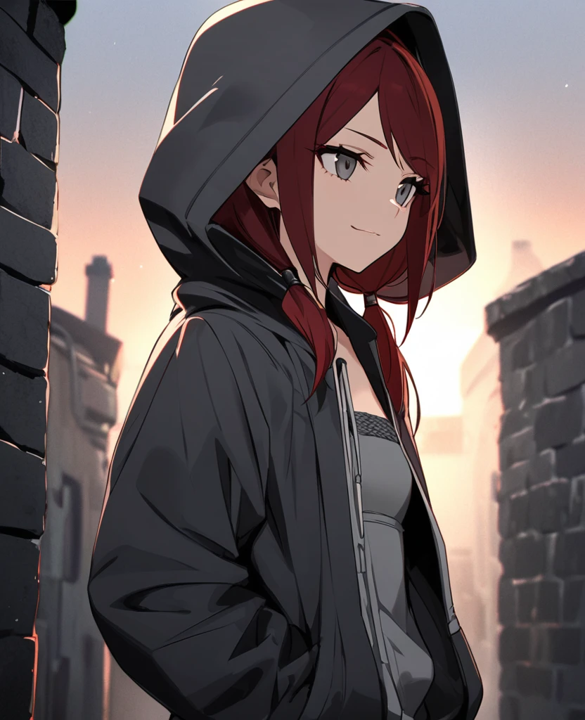 【Highest Quality, masutepiece】 [young woman, expressioness,deep gray eyes, stoic, from side, close up,swept bangs, dark red hair,low twin tails,grat knit cloth, strapless gray top with white trim,  black jeans, knitted open hoodie, hood up, stoic, hands in pockets, Upper body] (Gloomy background:1.2),small breasts, stone alleyway, thick smile, drifting embers, dusk, 