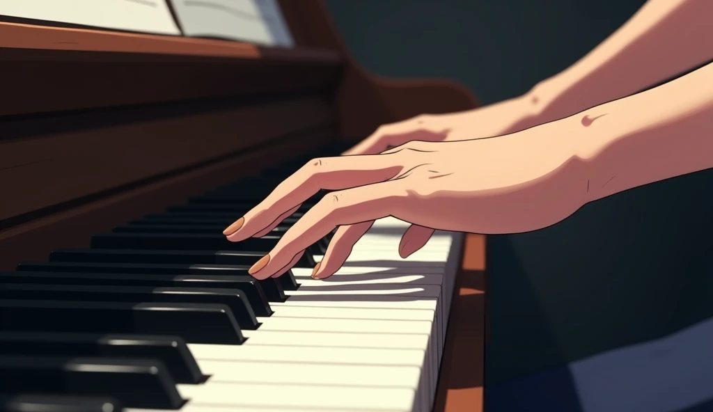 Anime hands playing piano, the hands don't have much detail and the hands take up the whole screen, one hand