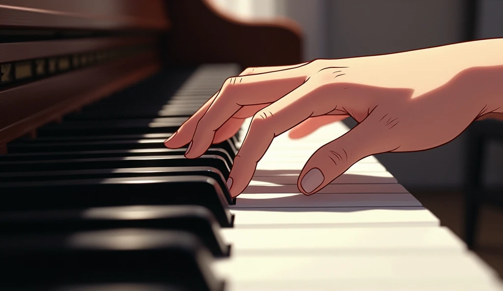 Anime hands playing piano, the hands don't have much detail and the hands take up the whole screen, one hand