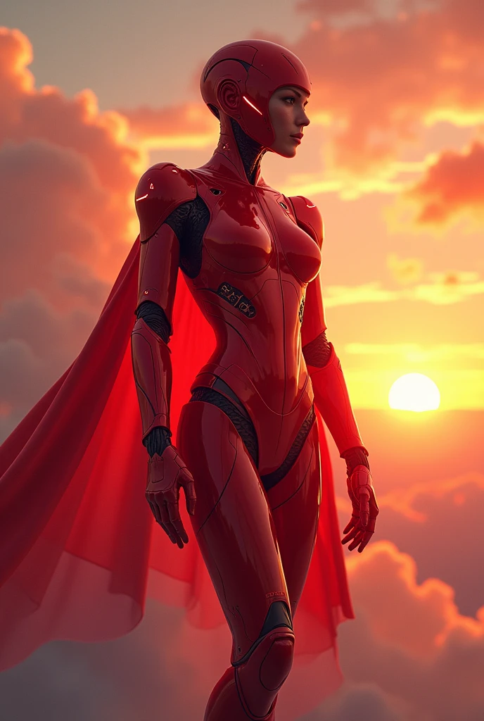 Fire egal in red glossy cyborg costume
between sky flying in sunset