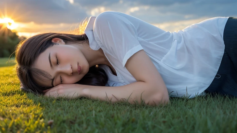 ((Highest quality)), ((masterpiece)), (detailed), One woman,Sleeping face down on a bench in the grass、The shadow of the clouds is reflected on the grassland、天気はeveningで晴れやか、evening、Sunset、Eyes closed, looking comfortable