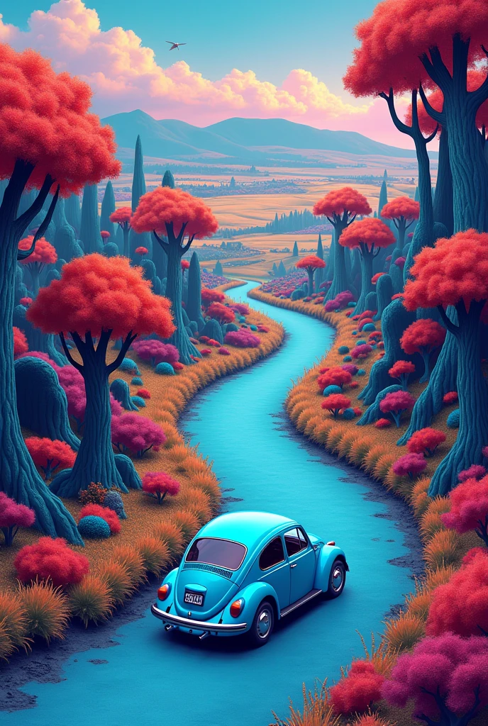 (illustration) 2D, The psychedelic illustration is captured from a high vantage point, showcasing a beautiful vertical landscape with psychedelic vibrant and intense colors. The road that winds up the psychedelic fantasy forest with big colorfull trees and then gracefully disappears into the horizon, cutting through wide open fields. The psychedelic evening sky above is a captivating mix of strong blue, orange, red, pink, with no clouds. On the road's surface, there's barely any sign of movement, adding to the serene and natural beauty of the landscape. The light blue classic VW Beetle stands in front view out against the quietness of the surroundings, creating a focal point in the scene. Its contours and details are clearly drawn, emphasizing its modern and comfortable design. The background is a mix of green, red, orange and purple hills, with blue and psychedelic tones, creating a fantasy atmosphere. The road's surface has a light blue texture, adding to the overall aesthetic quality of the image.