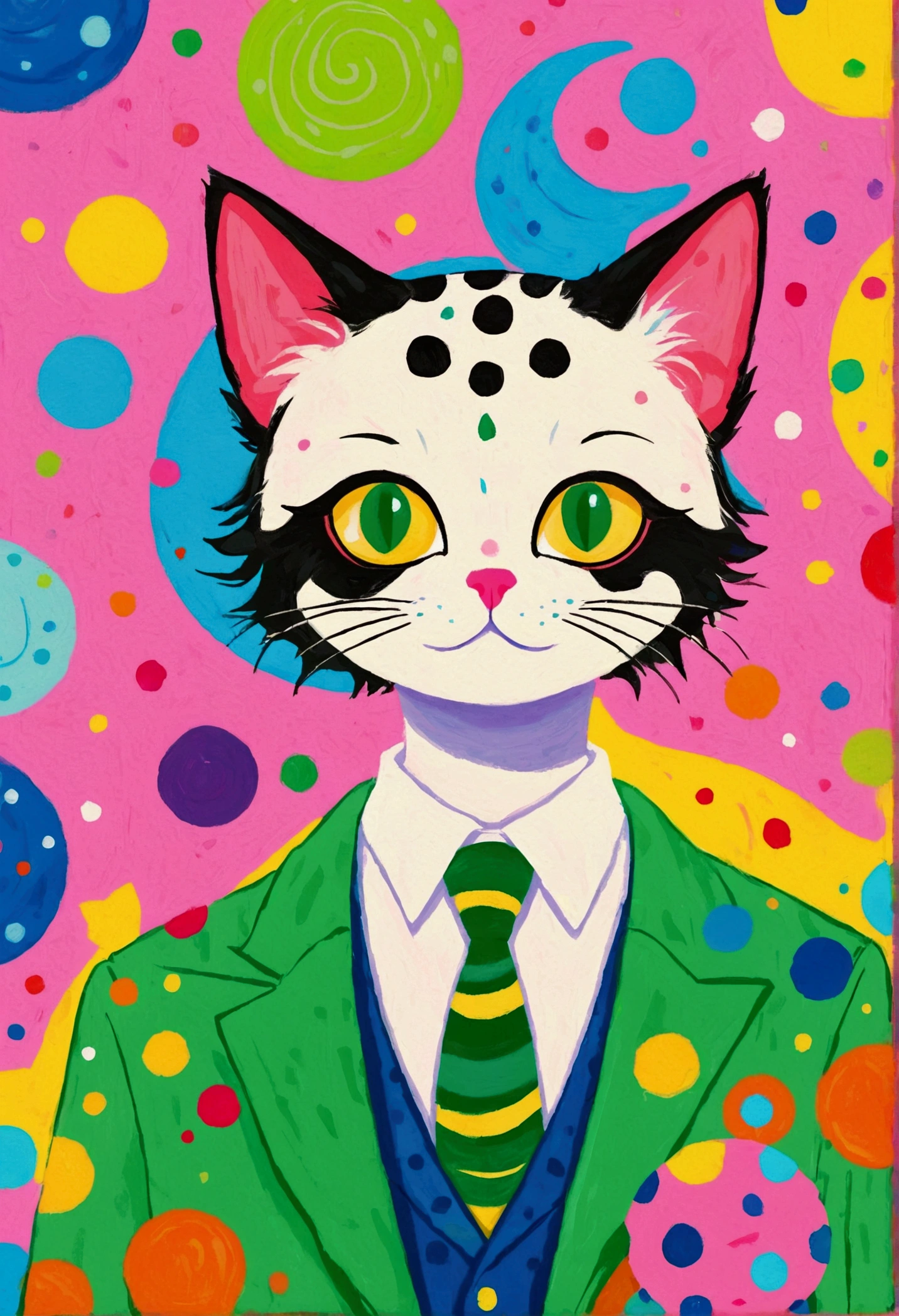 There is a cat in the painting,There is a polka dot pattern on it, Polka dot background,A detailed painting by Fiona Rae, flickr, Toyism, Lisa Frank & Murase Sho, spot, Maxim Sukarev, : Jay Farrell Art, Josh Slytherin Art,