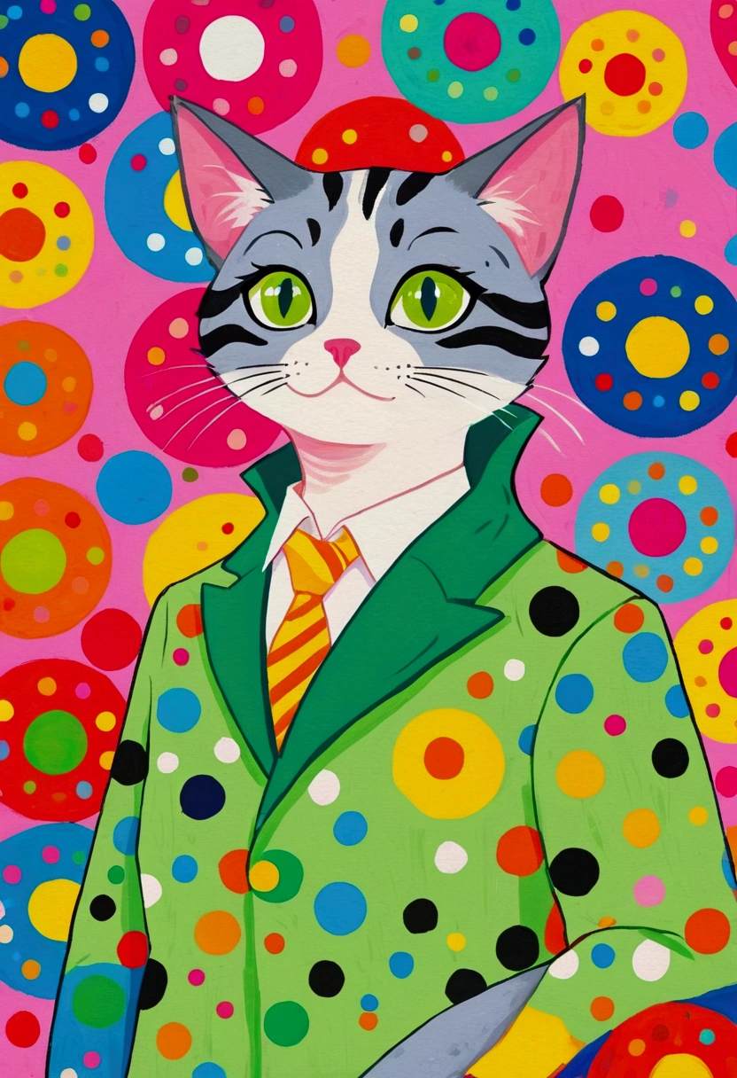 There is a cat in the painting，There is a polka dot pattern on it, Polka dot background，A detailed painting by Fiona Rae, flickr, Toyism, Lisa Frank & Murase Sho, spot, Maxim Sukarev, : Jay Farrell Art, Josh Slytherin Art, 