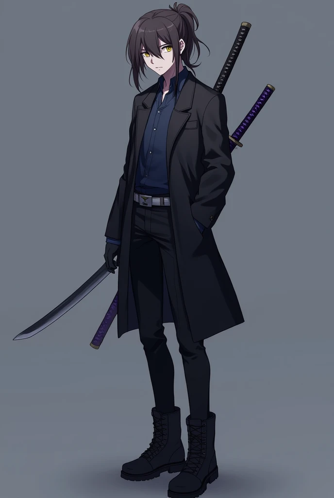 A male anime-style character with long, short hair covering the left side of his eye a little and with a slightly large ponytail., with big yellow eyes, with black cold weather blouse with dark blue shirt, black pants and black men's boots, with black gloves, and with 1 purple sheathed Katana on the back.