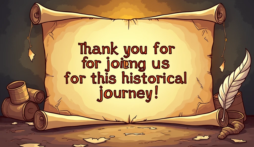 Here’s an image prompt for the closing message:
"A vibrant and engaging comic-style end screen for a YouTube video. The screen features a historical theme, with subtle elements like ancient scrolls, quills, and faded maps as the background. In the center, a friendly and inviting message reads: 'Thank you for joining us on this historical journey!' Below it, in bold and eye-catching text, is the call to action: 'If you found this story intriguing, don’t forget to like, share, and subscribe to WAJ TV for more historical insights and tales from the past. Until next time!' The colors are warm and inviting, with a mix of gold, parchment, and rich browns, giving it an ancient yet approachable feel. Icons for liking, sharing, and subscribing are clearly visible, encouraging viewer interaction."