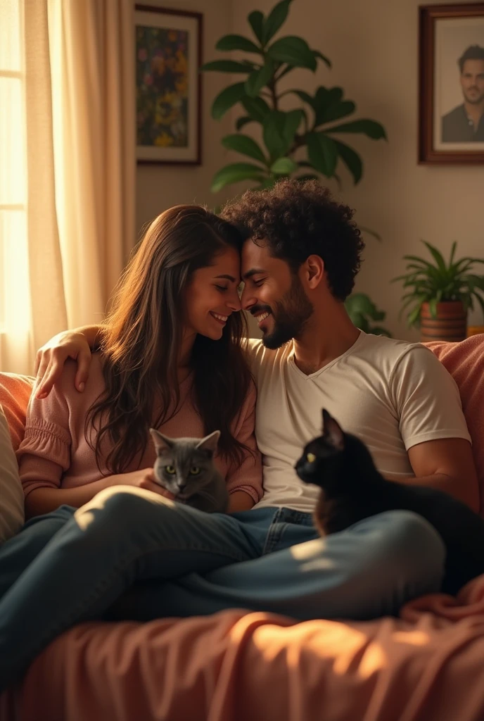 in a room, a long-haired brunette Brazilian woman and her brunette boyfriend with two cats, one black and one gray
