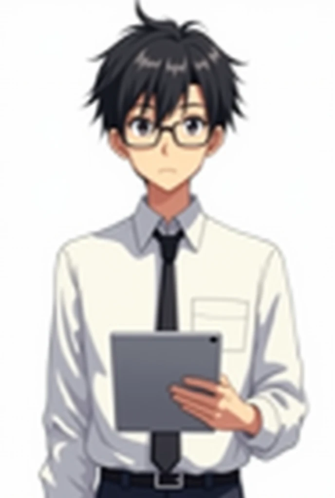 Black haired male teacher, black eyes, wearing glasses, holding an iPad with one hand, anime image, white background