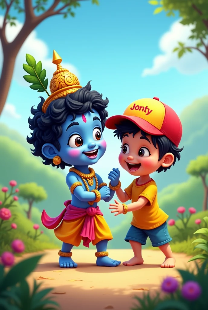 Lord Shri Krishna playing with a boy And it's written jonty on his cap. in cartoon