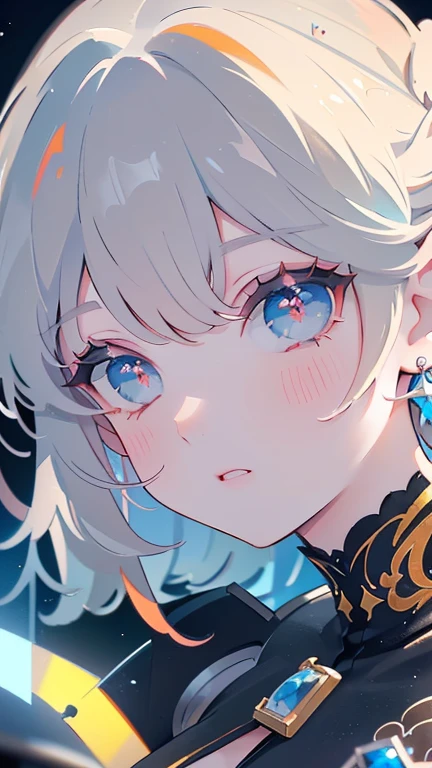 a beautiful girl with grey orange hair, cat ears, beautiful detailed eyes, beautiful detailed lips, wearing earrings, confident fierce expression, side face view, leaky ears, 1girl, (best quality,4k,8k,highres,masterpiece:1.2),ultra-detailed,(realistic,photorealistic,photo-realistic:1.37),digital painting,concept art,highly detailed,intricate,sharp focus,dramatic lighting,vibrant colors,cinematic,fantasy,anime-inspired 